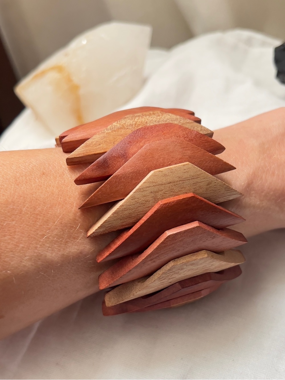 Vintage MCM Multi Tone Wood Chevron Stretch Cuff Bracelet Chunky Geometric Art D